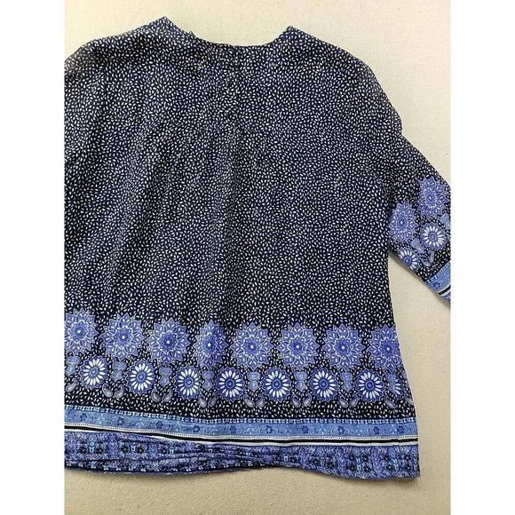 Boden Women 10 Navy Floral Blouse Pin Tucked Front Sheer 3/4 Sleeve Cottage Core - Picture 10 of 11